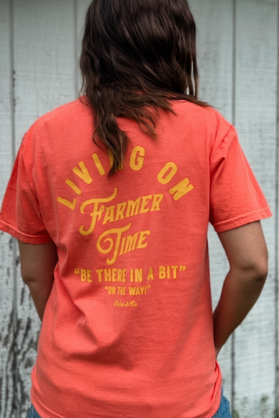 Living On Farmer Time Graphic Tee in Bright Coral