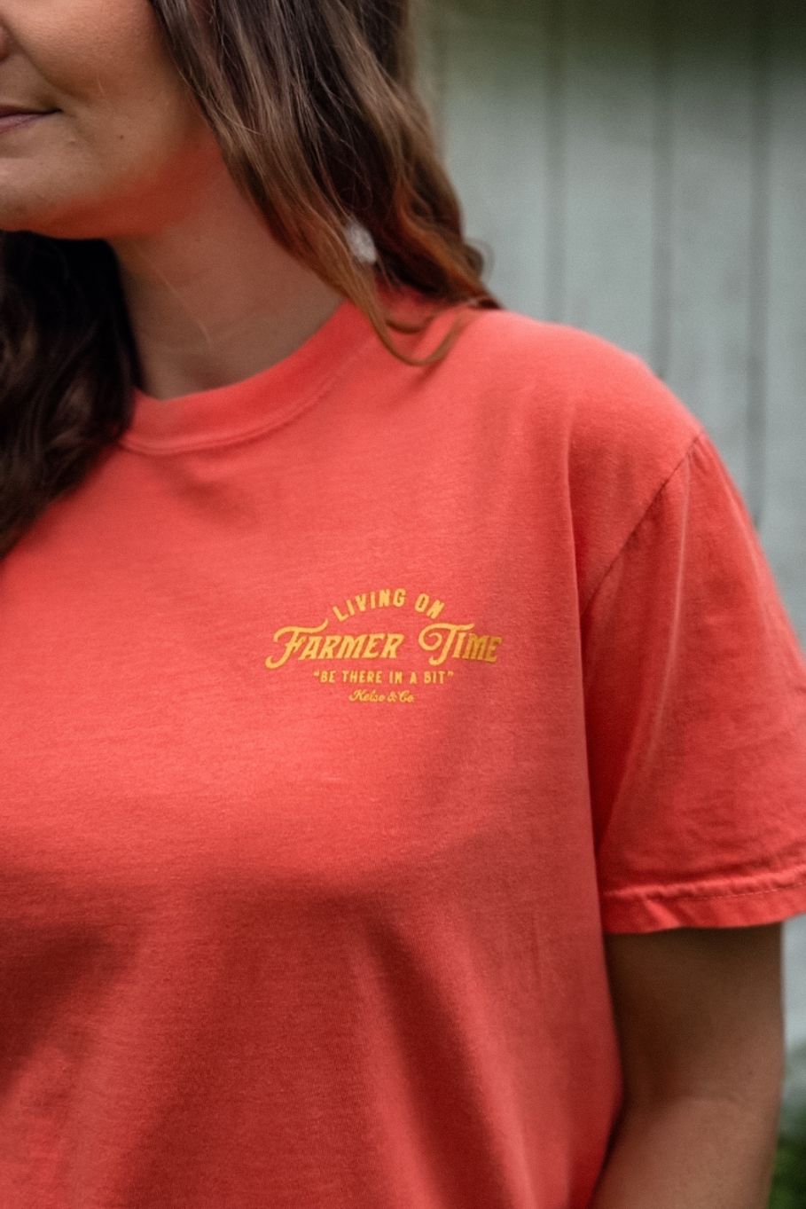 Living On Farmer Time Graphic Tee in Bright Coral