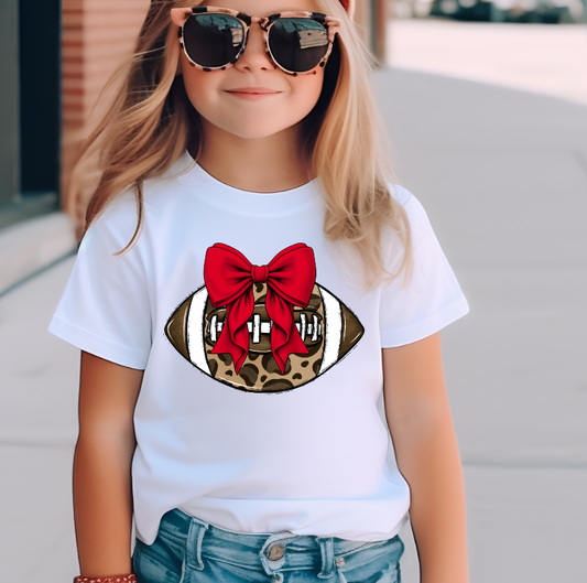 Red Leopard Football Bow Kids Game Day T-Shirt