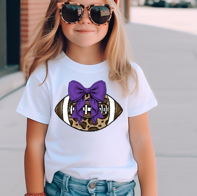 Purple Leopard Football Bow Kids Game Day T-Shirt