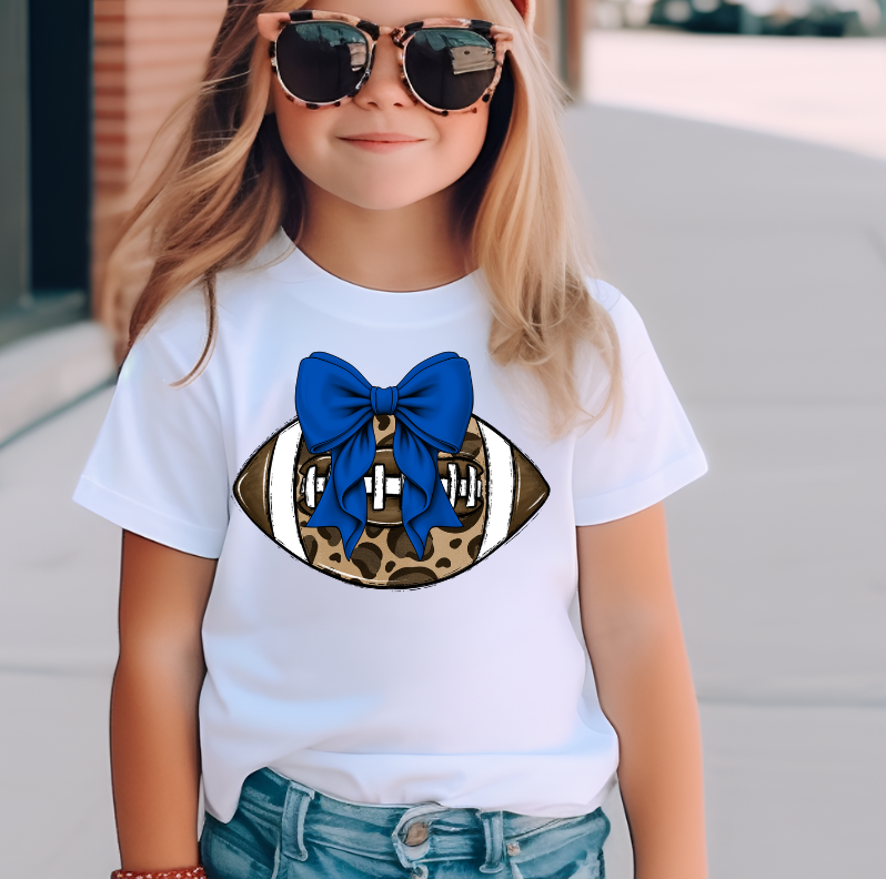 Leopard Football Navy Bow Kids Game Day T-Shirt