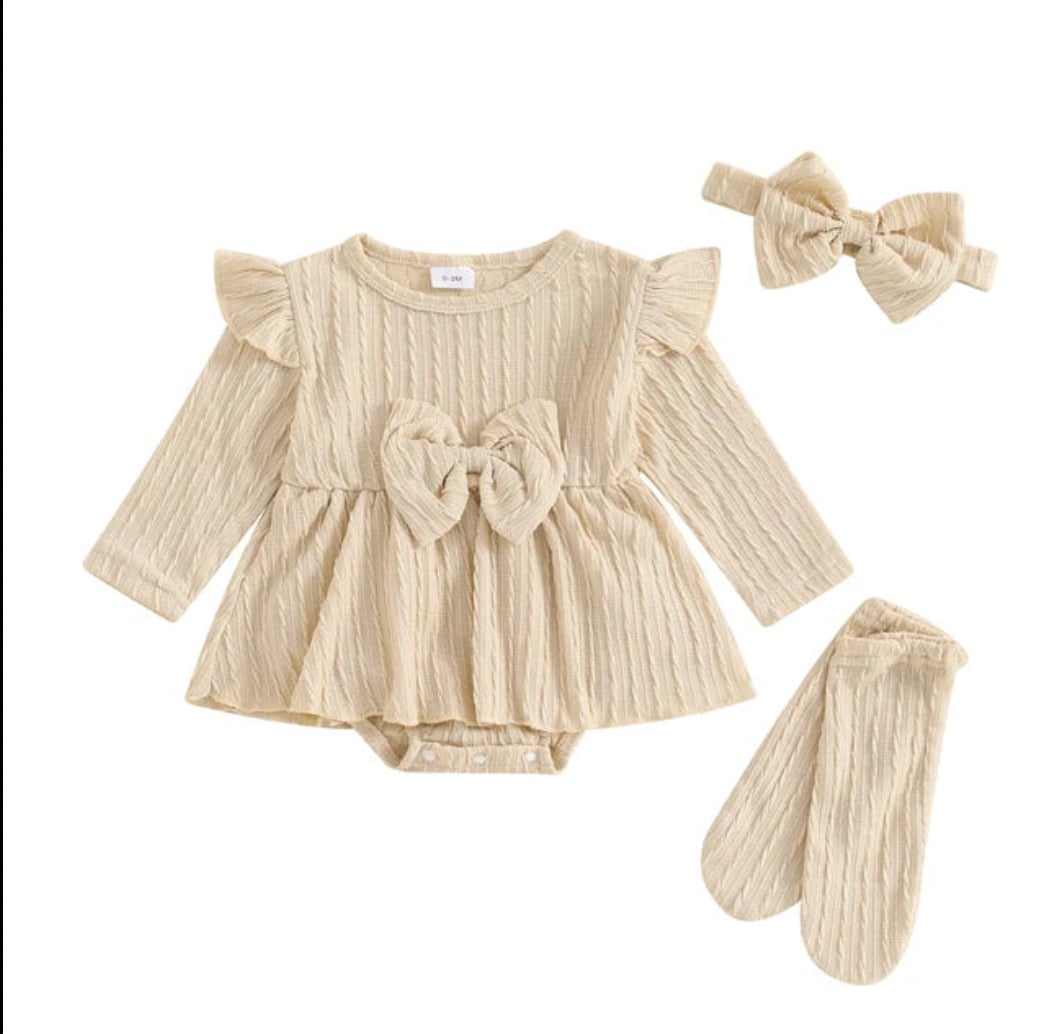 Beige Knit Skirted Romper Set