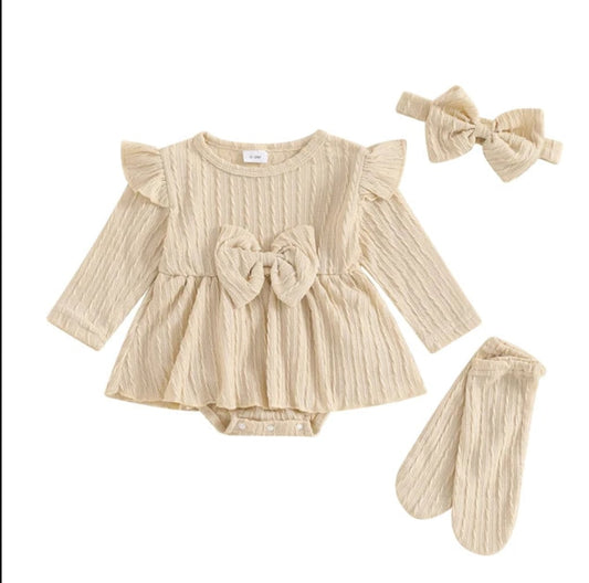 Beige Knit Skirted Romper Set