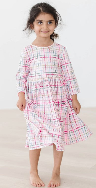 Pink Plaid 3/4 Sleeve Pocket Twirl Dress